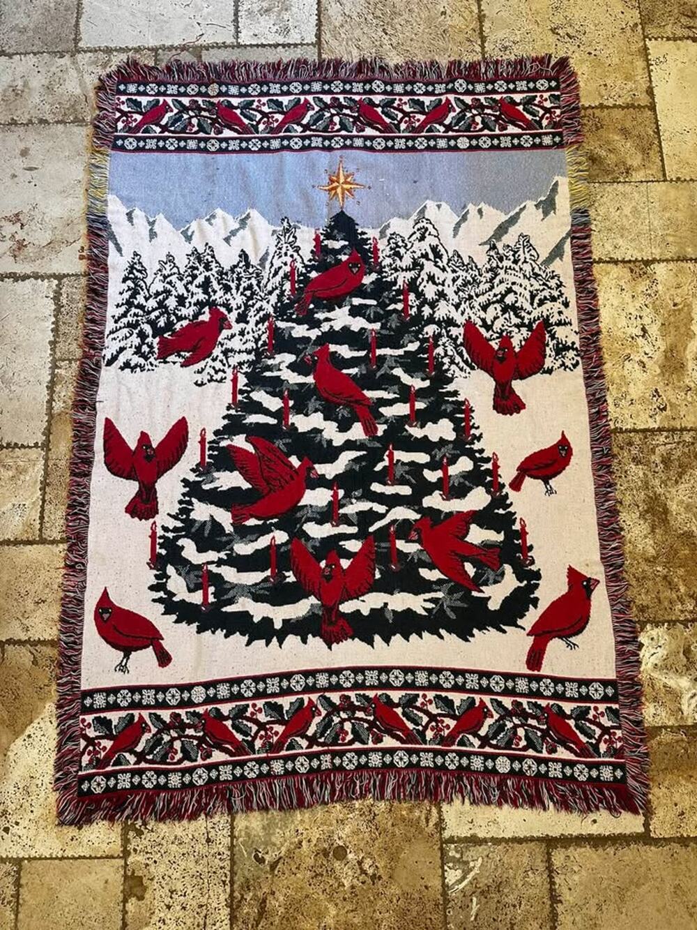 Vintage Christmas Holiday Cardinals Birds Woven Throw Blanket